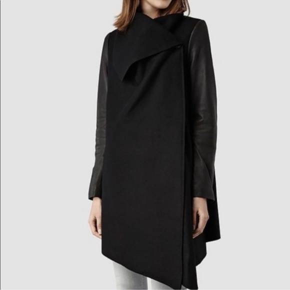All Saints Hyde Monument Coat Black Wool Coat w/ Leather Sleeves size 2 - Picture 1 of 10